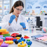 Laboratuvarda bir bilim insanı, pipetle test tüpündeki sıvıyı analiz ediyor; çevrede çocuk oyuncakları ve test ekipmanları bulunuyor