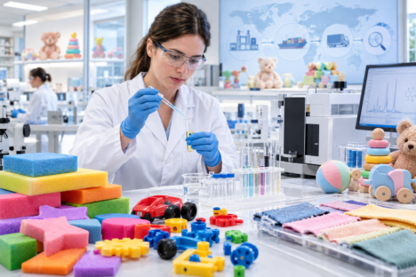 Laboratuvarda bir bilim insanı, pipetle test tüpündeki sıvıyı analiz ediyor; çevrede çocuk oyuncakları ve test ekipmanları bulunuyor