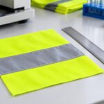 Floresan sarı uyarı yeleği kumaşı ve gri reflektif şerit numunesi